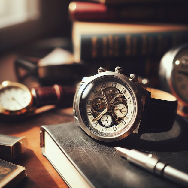 Des photographies d'une horloge sur un bureau