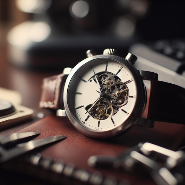 Des photographies d'une horloge sur un bureau