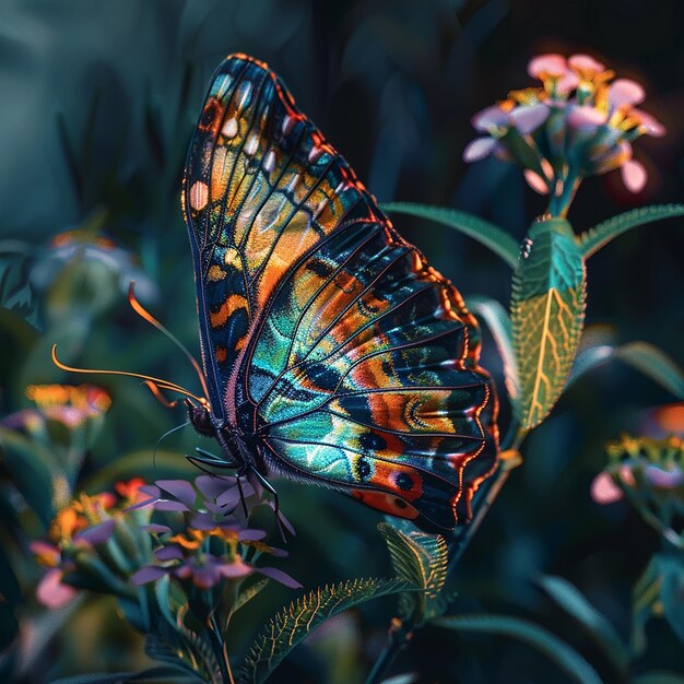 Photographies rendues en 3D de papillons colorés sur une fleur vue rapprochée Nikon D850 105mm f 18 cinématographique