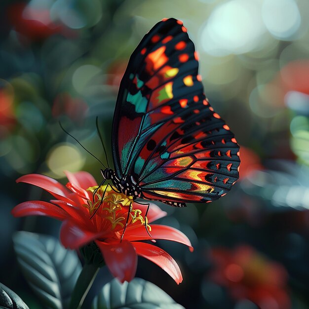 Photographies rendues en 3D de papillons colorés sur une fleur vue rapprochée Nikon D850 105mm f 18 cinématographique