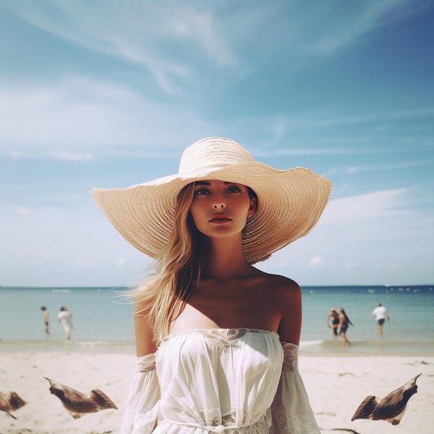 Des photographies représentant des femmes en chapeau de soleil en vacances sur la plage.