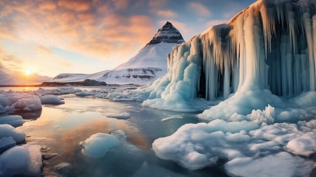 Photographiez une montagne enneigée avec un coucher de soleil