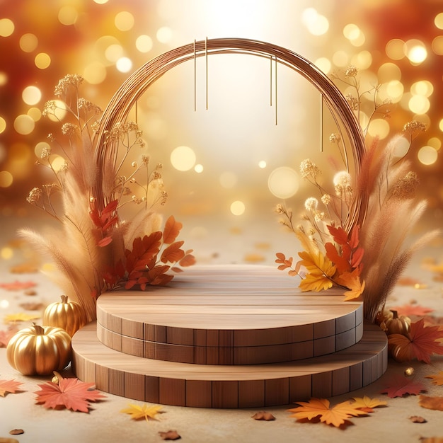 Photoreal 3D avec podium rustique avec un fond flou ou bokeh de feuilles d'automne Arrière-plan complet