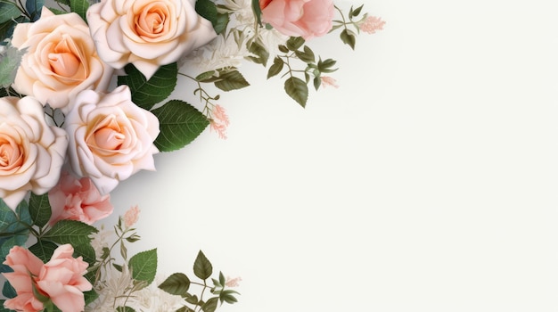 Photoréaliste d'un joli cadre d'angle de fleur sur fond blanc avec des roses