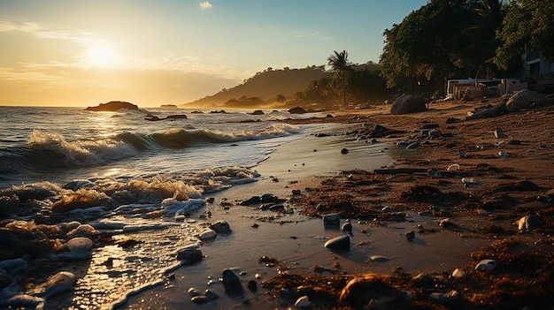 Photoréaliste d'une plage sale l'après-midi avec autant d'ordures générées par l'IA