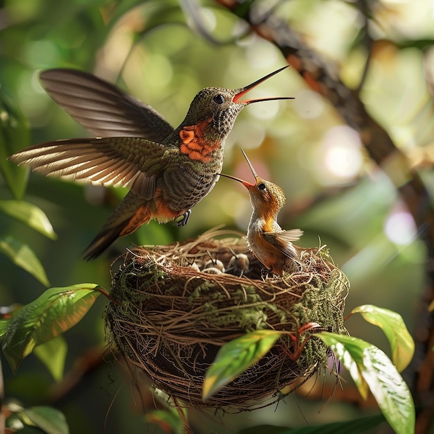 Des photos 3D d'un colibri nourrissant ses petits avec son bec dans le nid.