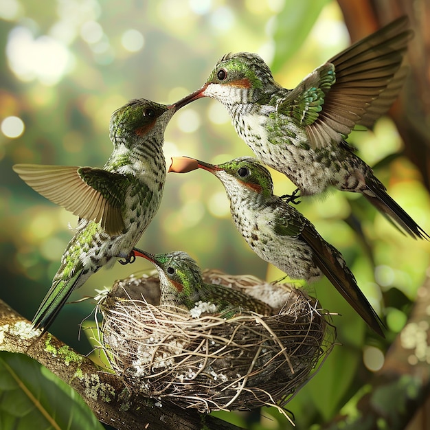 Photo des photos 3d d'un colibri nourrissant ses petits avec son bec dans le nid.