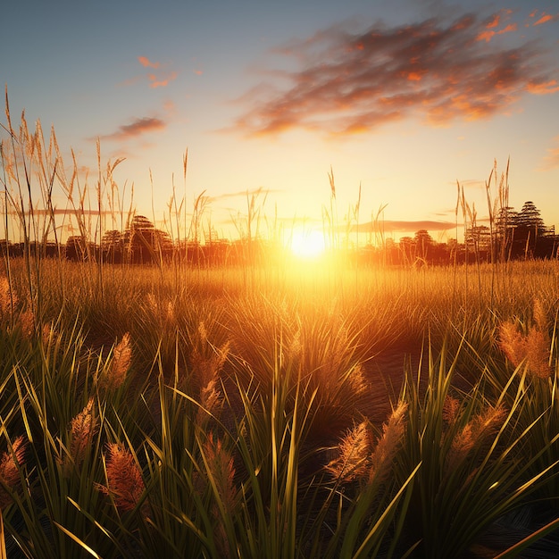 Des photos 3D du lever du soleil dans différents endroits avec de l'herbe