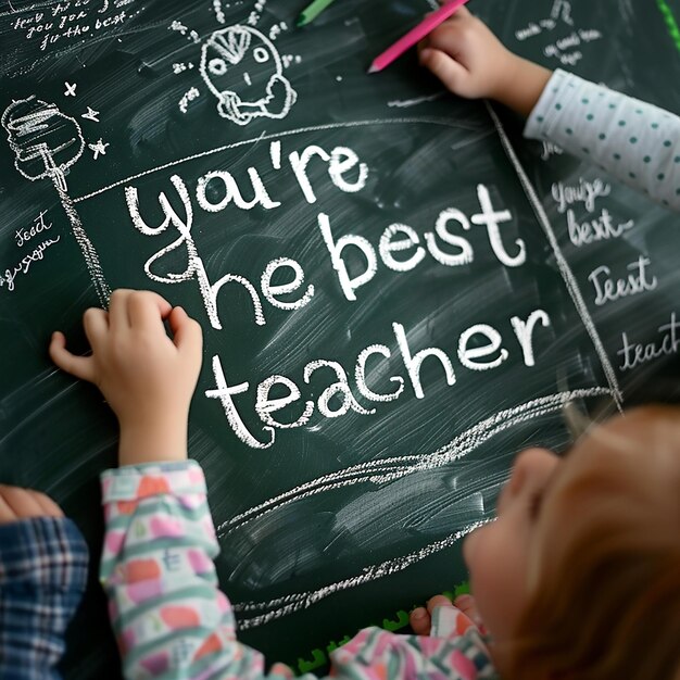 Des photos 3D de enfants écrivant à la main Vous êtes le meilleur enseignant les valeurs et l'importance des enseignants