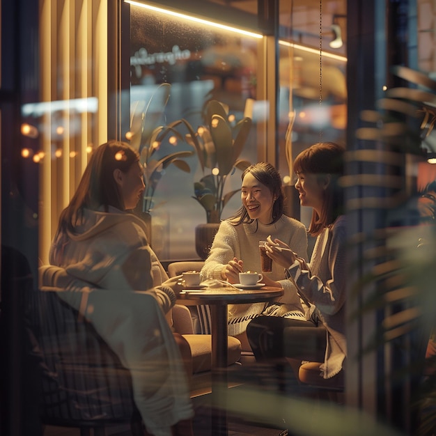 Photo des photos 3d d'un groupe d'amis assis dans un café.