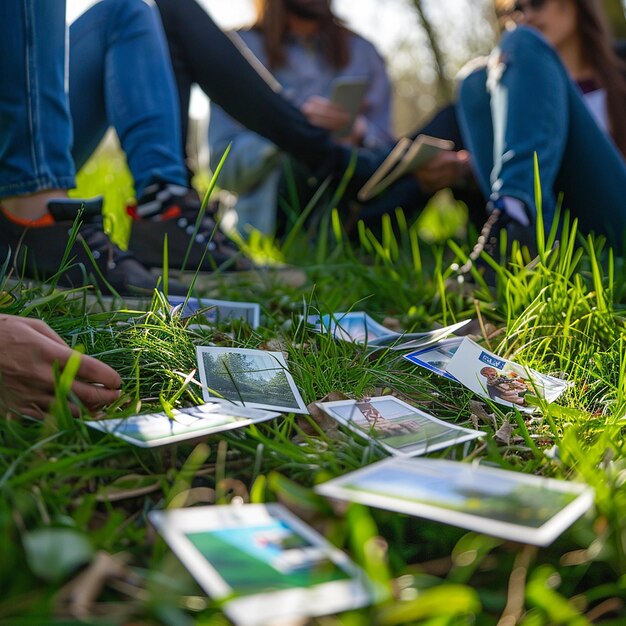 Photo photos 3d d'un groupe de personnes assises sur l'herbe avec des cartes postales sur le sol