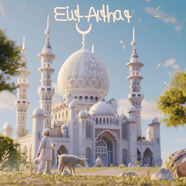 Des photos 3D d'un homme musulman d'une mosquée avec une chèvre écrite EID ul ADHA sur l'image de la lune sur le dessus