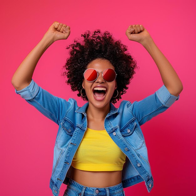 Des photos 3D d'une jeune femme heureuse célébrant son succès. Portrait de studio en fond plat.