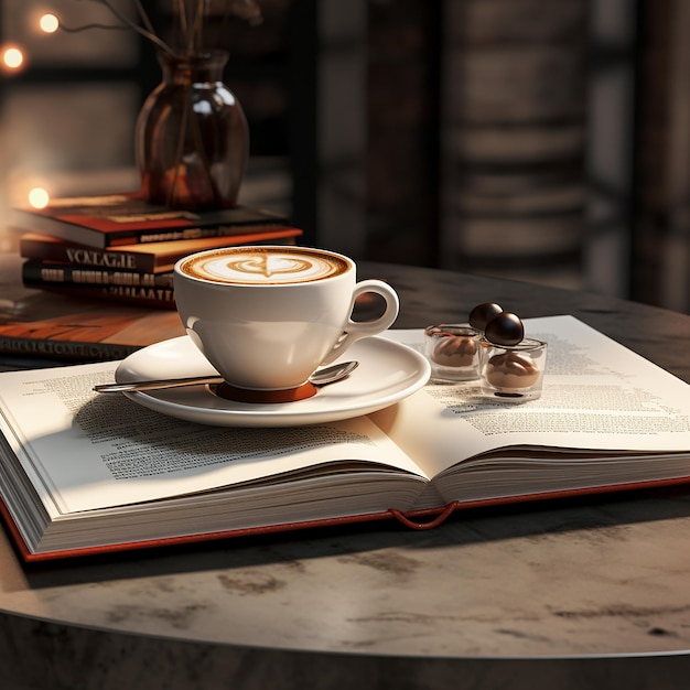 Des photos 3D d'un livre et d'un café.