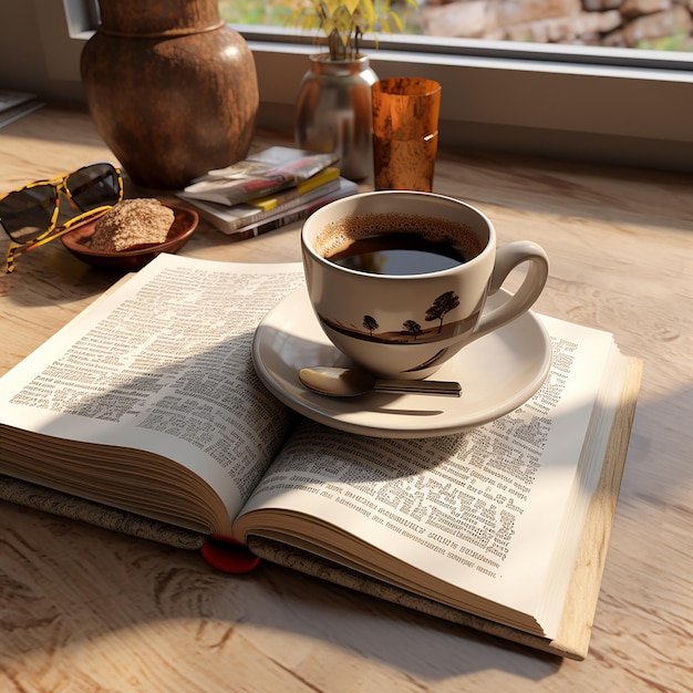 Des photos 3D d'un livre et d'un café.