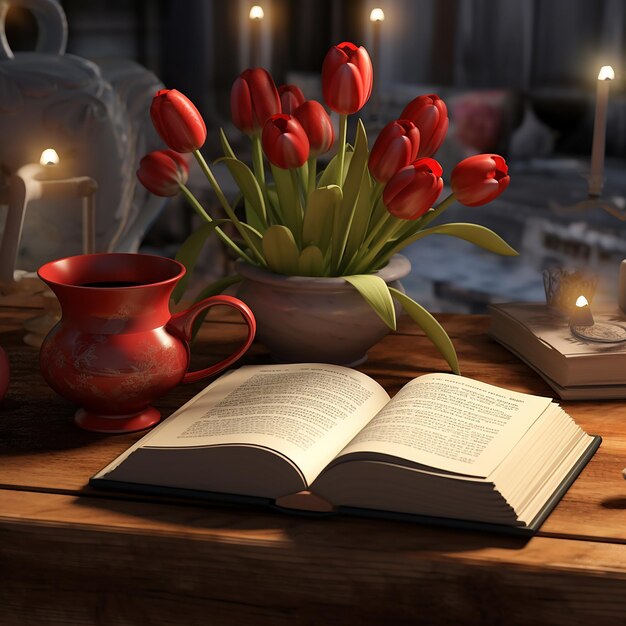 Photo des photos 3d d'un livre avec des tulipes rouges et du thé avec un fond esthétique