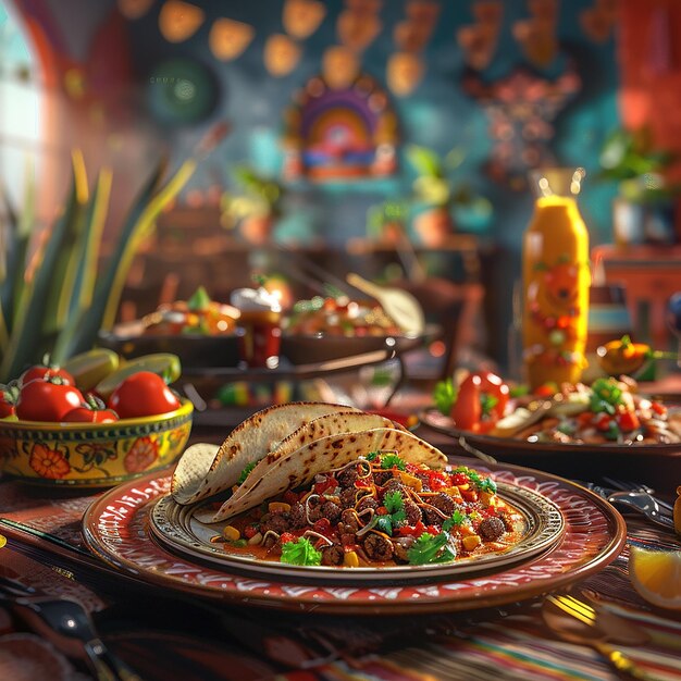 Des photos 3D de nourriture traditionnelle mexicaine servie dans un restaurant de style mexicain.