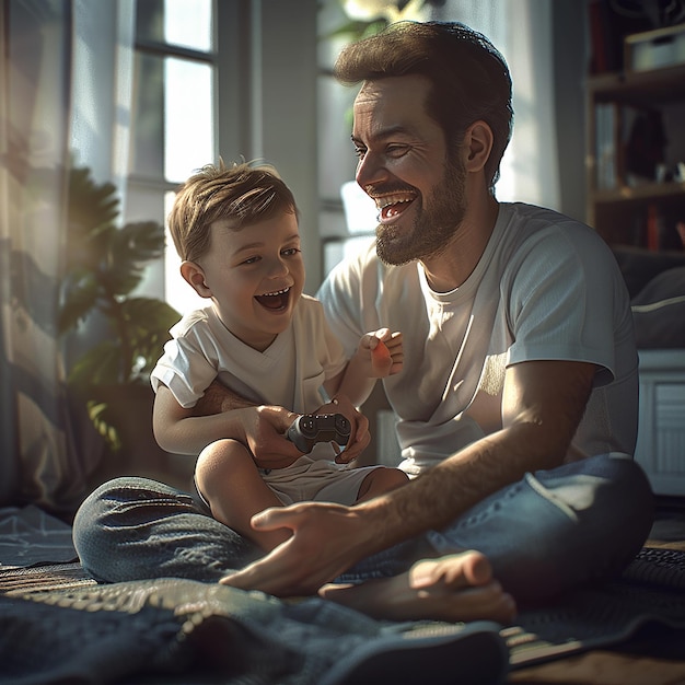 Photo photos 3d d'un père heureux jouant avec son enfant jeu visage hyper réaliste environnement heureux