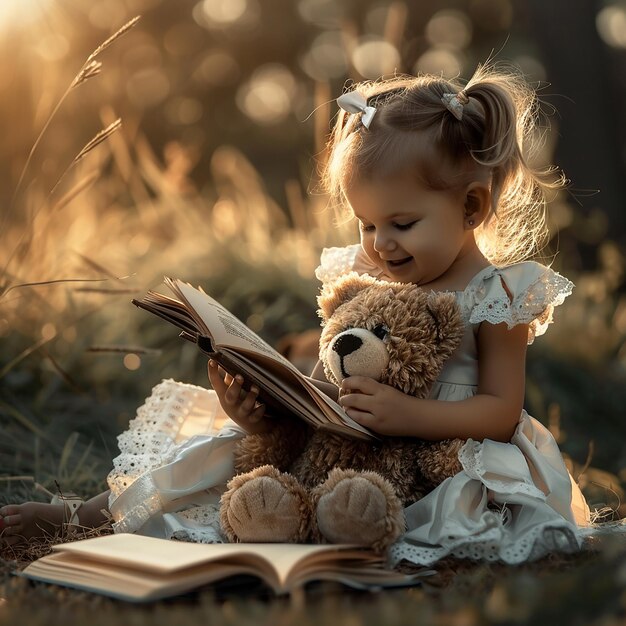 Photo des photos 3d d'une petite fille assise avec teddy partageant sa joie avec le livre de teddy sur le sol