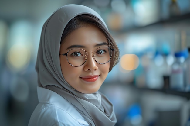 Les photos d'une chimiste musulmane sur un décor flou de l'espace de laboratoire et de l' espace IA générative