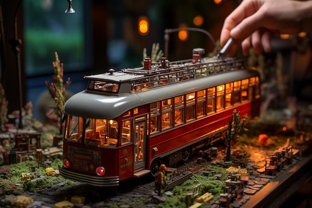 Des photos créatives d'un trolleybus en miniature