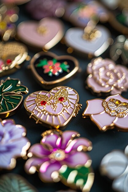 Des photos détaillées des accessoires de la fête de la femme, des épingles, des badges.