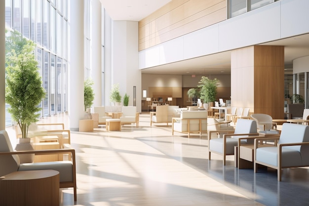 Des photos détaillées de l'intérieur d'un hall d'hôpital moderne présentant le design élégant et les sièges confortables d'un