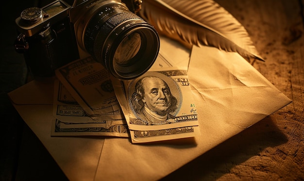 Photo des photos émotionnelles d'argent dans un portefeuille vintage