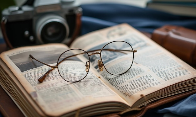 Photo photos de finances dans un livre en cuir avec des lunettes