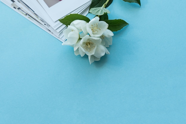 photos imprimées de bébé. cartes de photographie, fond avec une fleur blanche. Maquette