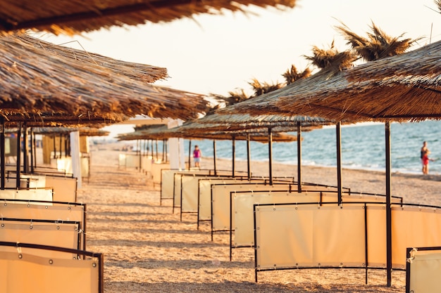 Photos de parasols en roseau en perspective.