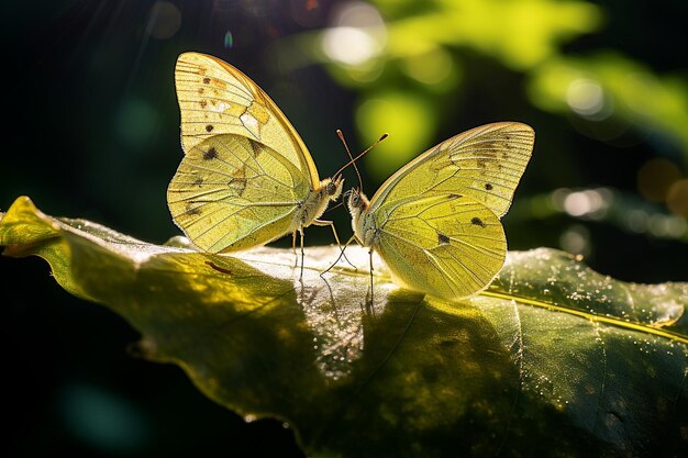 Des photos rapprochées de papillons perchés sur une feuille éclairée par le soleil