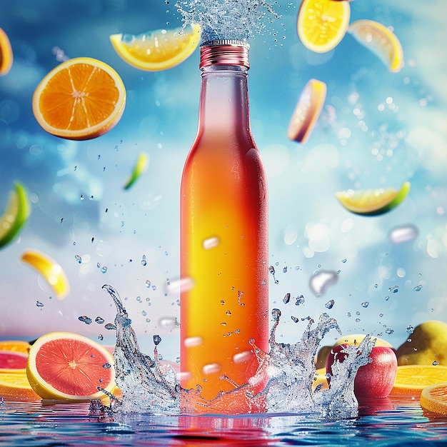 Photos rendues en 3D d'une bouteille de jus flottant légèrement avec des tranches de fruits photographie de produit