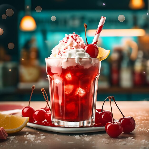 Photoshoot de Retro Soda Jerker Card Food Cherry Red Ice Cream Bord Ideas Concept avec décorations