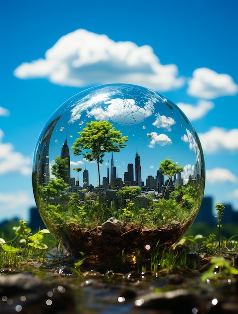 La photosphère et la terre dans le ciel Une boule de verre avec un arbre à l'intérieur