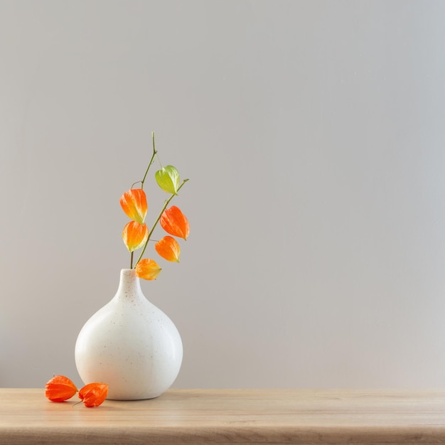 physalis dans un vase moderne sur une table en bois