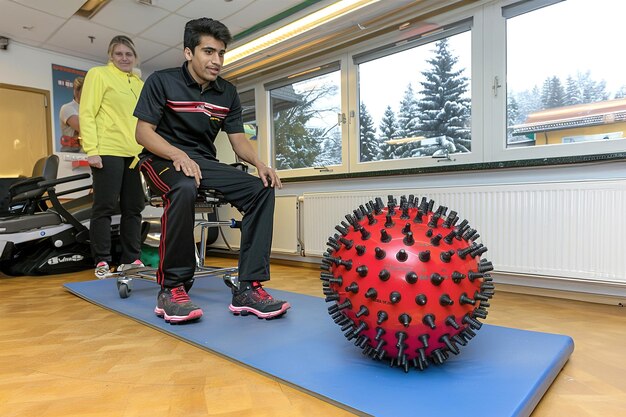 Photo physiothérapeute aidant le patient avec des exercices dans le centre de réadaptation favorisant la récupération