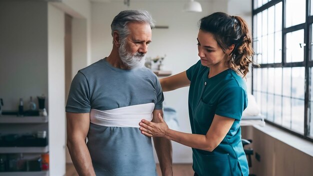 Physiothérapeute appliquant un bandage médical élastique à un patient masculin