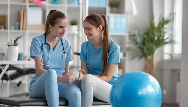 Photo physiothérapeute travaillant avec une jeune femme sur un canapé dans un centre de réadaptation