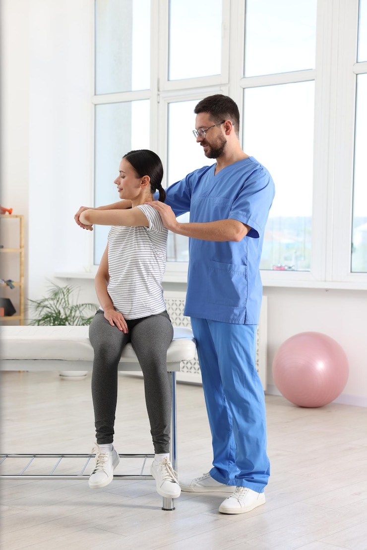 Photo physiothérapeute travaillant avec un patient dans un centre de réadaptation