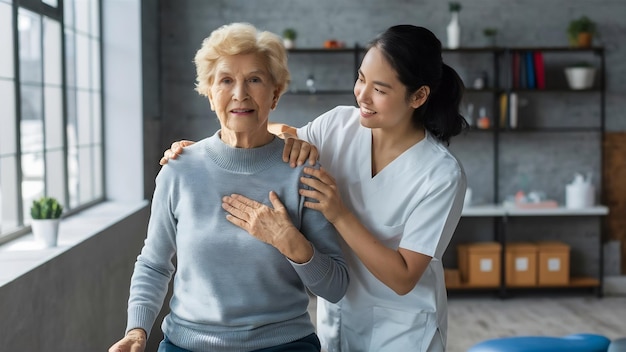 Photo physiothérapeute travaillant avec des patients âgés dans une clinique moderne