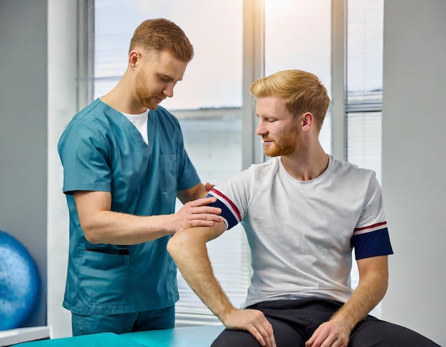 Photo des physiothérapeutes professionnels fournissent une assistance aux patients de sexe masculin souffrant de blessures au bras et examinent les patients.