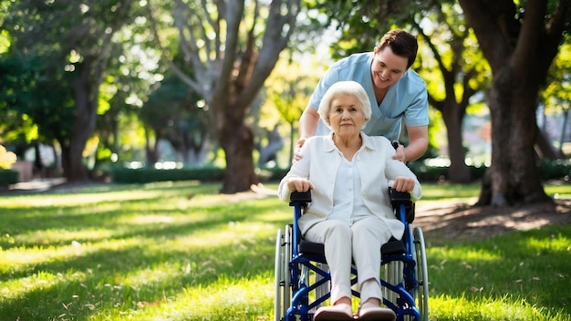 Physiothérapie femme âgée en fauteuil roulant dans le parc