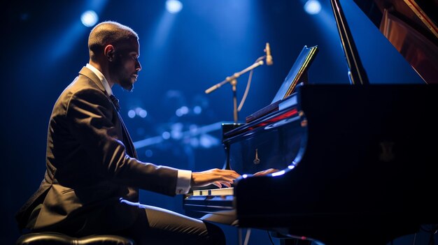 Pianiste jouant un morceau sur un grand piano lors d'un concert vu de côté