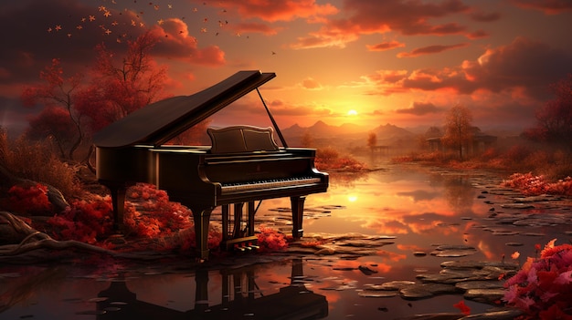 Piano 3D à la guerre au coucher du soleil