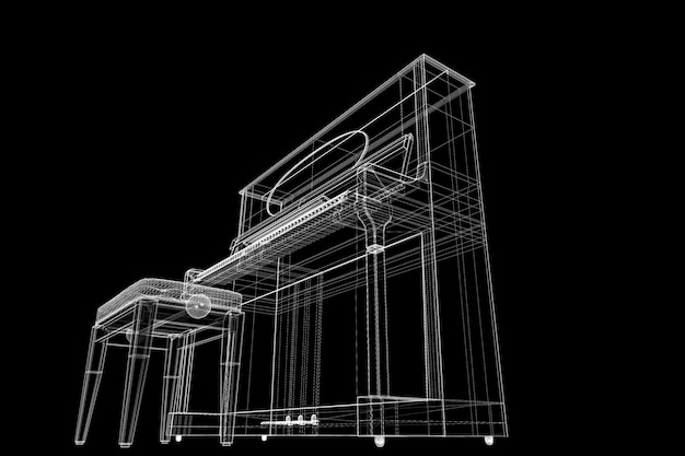 Piano antique avec chemin, structure du corps modèle 3D, modèle filaire