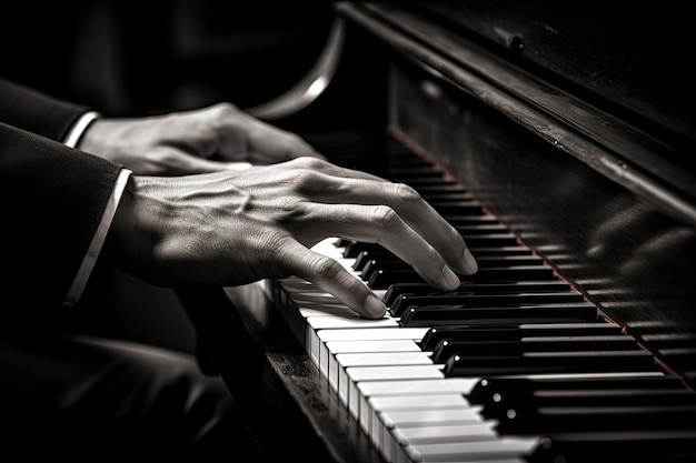 Photo piano aux mains noires et blanches jouant seul sur un décor sombre