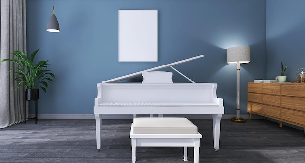 Piano blanc dans la conception intérieure de la salle de musique moderne avec maquette de cadre d'affiche vierge plancher en bois