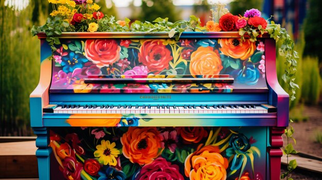 Un piano coloré avec des fleurs dessus