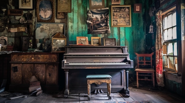 Un piano dans une pièce avec une photo au mur
